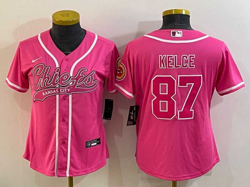 Women%27s Kansas City Chiefs #87 Travis Kelce Pink With Patch Cool Base Stitched Baseball Jersey